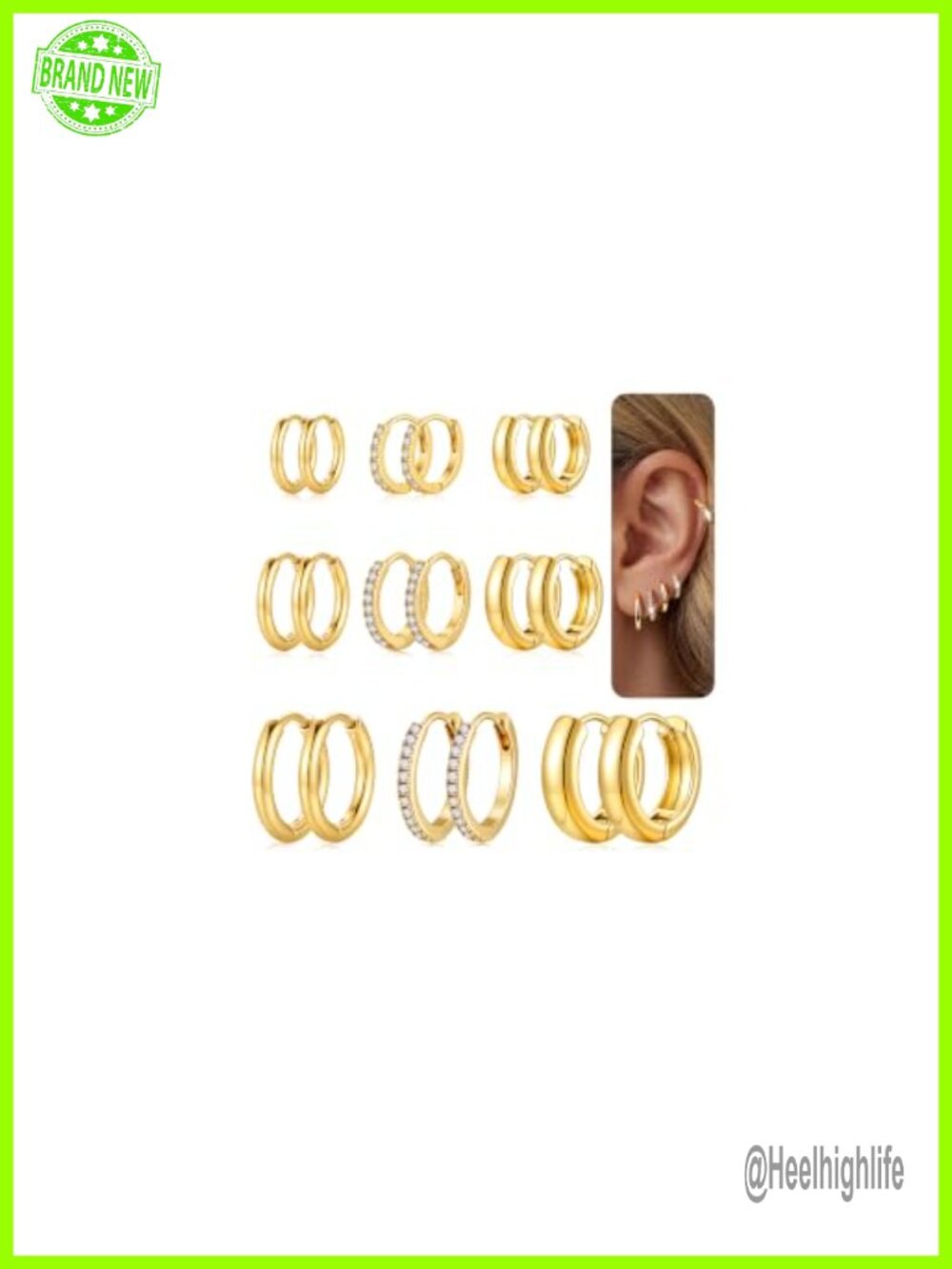 14K Gold Plated Hoop Earrings Set 9 Pairs Hypoallergenic CZ Huggie